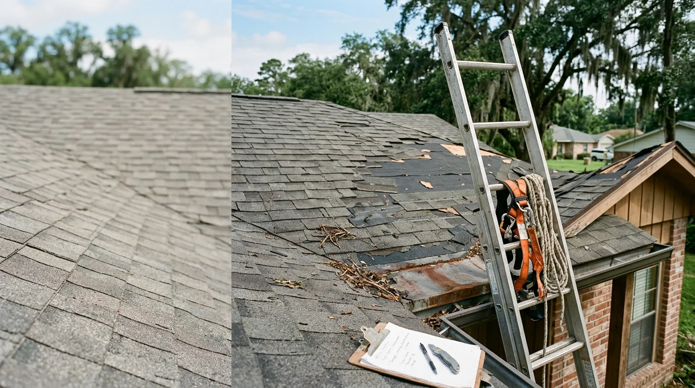 A completed roofing project on a residential property in White Castle, Louisiana, showing a fully replaced roof with clean ridge lines against a clear South Louisiana sky.