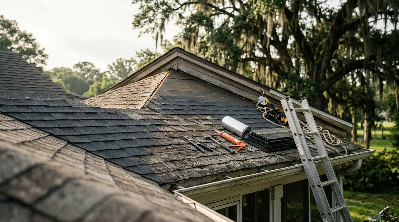 A residential roof in White Castle, Louisiana showing completed roofing work by Industrial Iron Works INC. The image shows a repaired and sealed roof surface on a single-family home under clear South Louisiana skies.