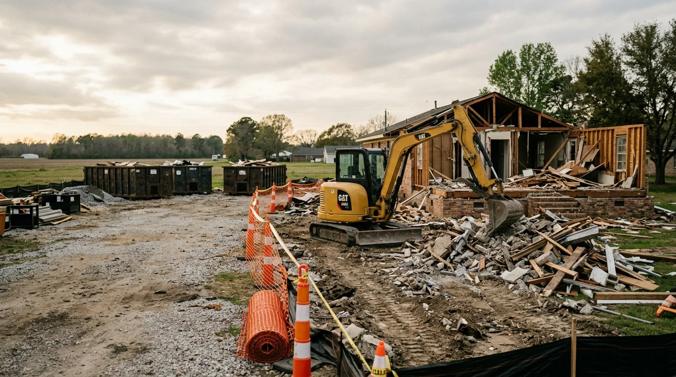 A cleared demolition site in White Castle, Louisiana, with debris removed and ground leveled after a residential structure teardown. An Industrial Iron Works INC crew works along the River Road corridor in Iberville Parish.