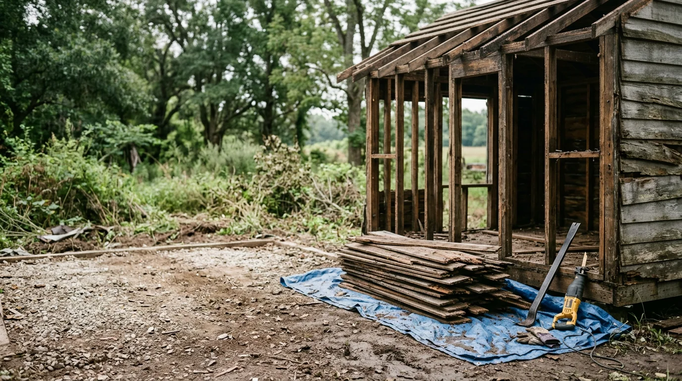 A cleared residential lot in White Castle, Louisiana after shed demolition, with debris removed and bare ground left ready for future use. A demolition contractor from Industrial Iron Works INC works on dismantling an aging wooden outbuilding near a Mississippi River corridor property.