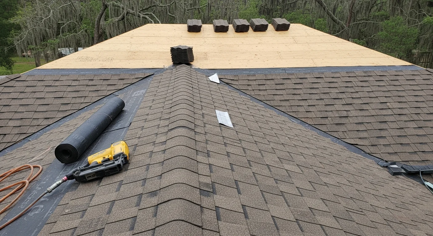 A completed shingle roofing installation on a single-family home in White Castle, Louisiana, showing uniform shingle rows, finished ridge cap, and properly sealed flashing around roof penetrations. The surrounding landscape reflects the flat, humid terrain typical of Iberville Parish.