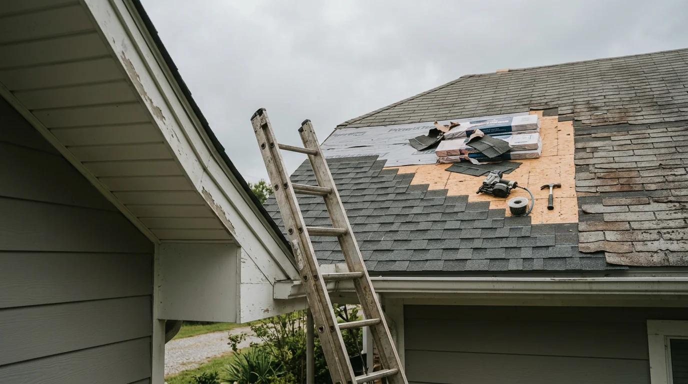 Newly installed shingle roof on a single-family home in White Castle, Louisiana, showing uniform shingle rows and clean ridge line against a partly cloudy sky.