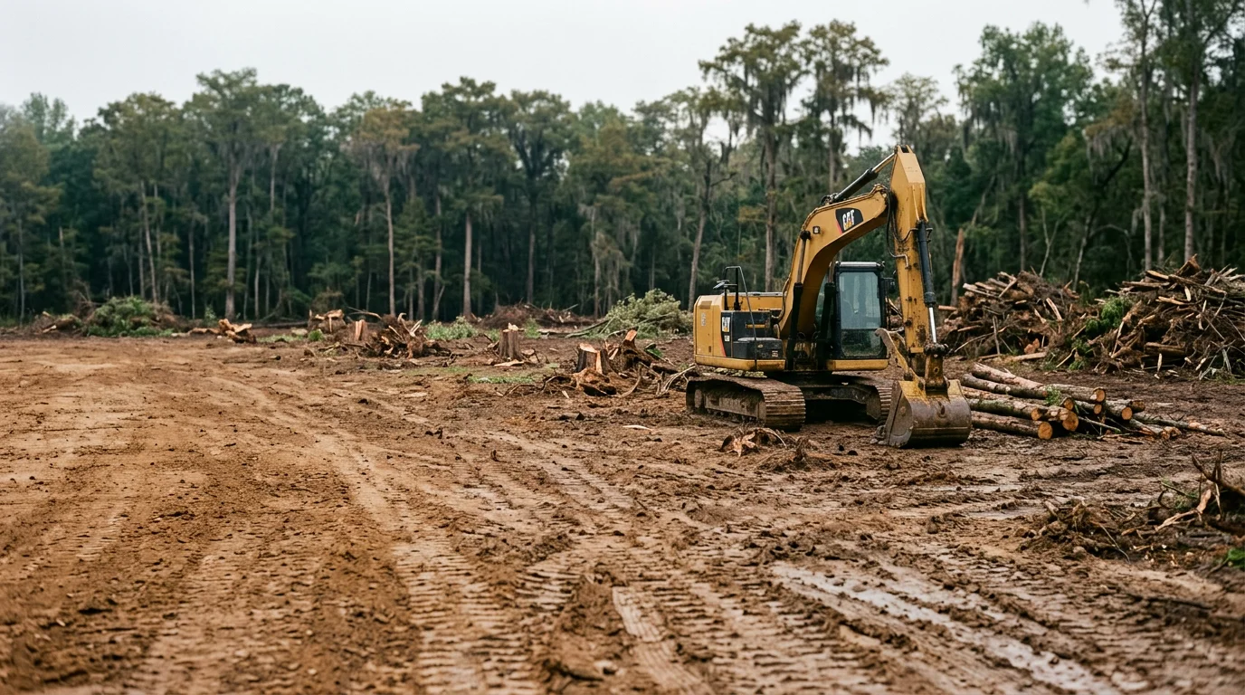 A cleared and graded plot of land in White Castle, Louisiana, with trees, stumps, and brush fully removed, showing bare soil ready for construction in a river parish setting.