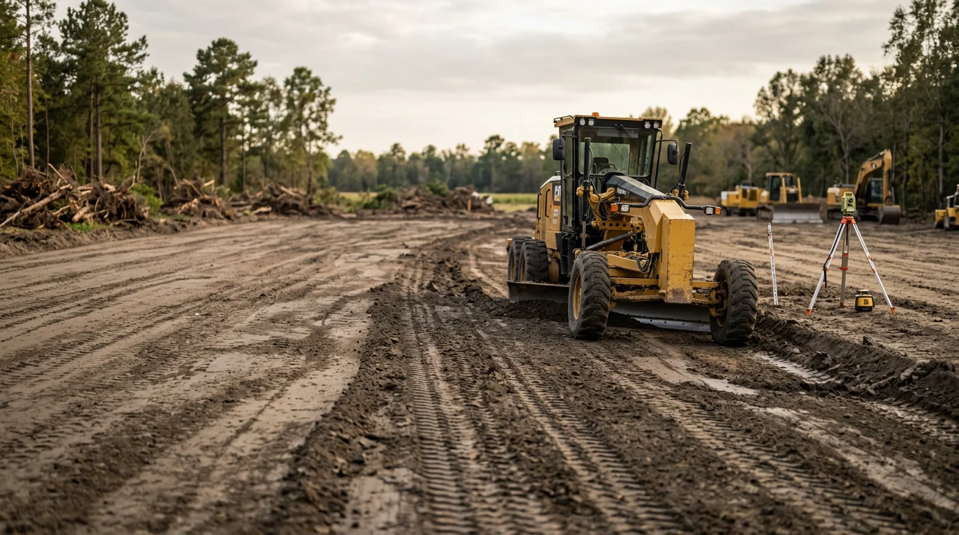A cleared and graded construction lot in White Castle, Louisiana, with leveled soil and drainage channels visible along the edges. Heavy equipment sits on site after completing site preparation work in Iberville Parish.