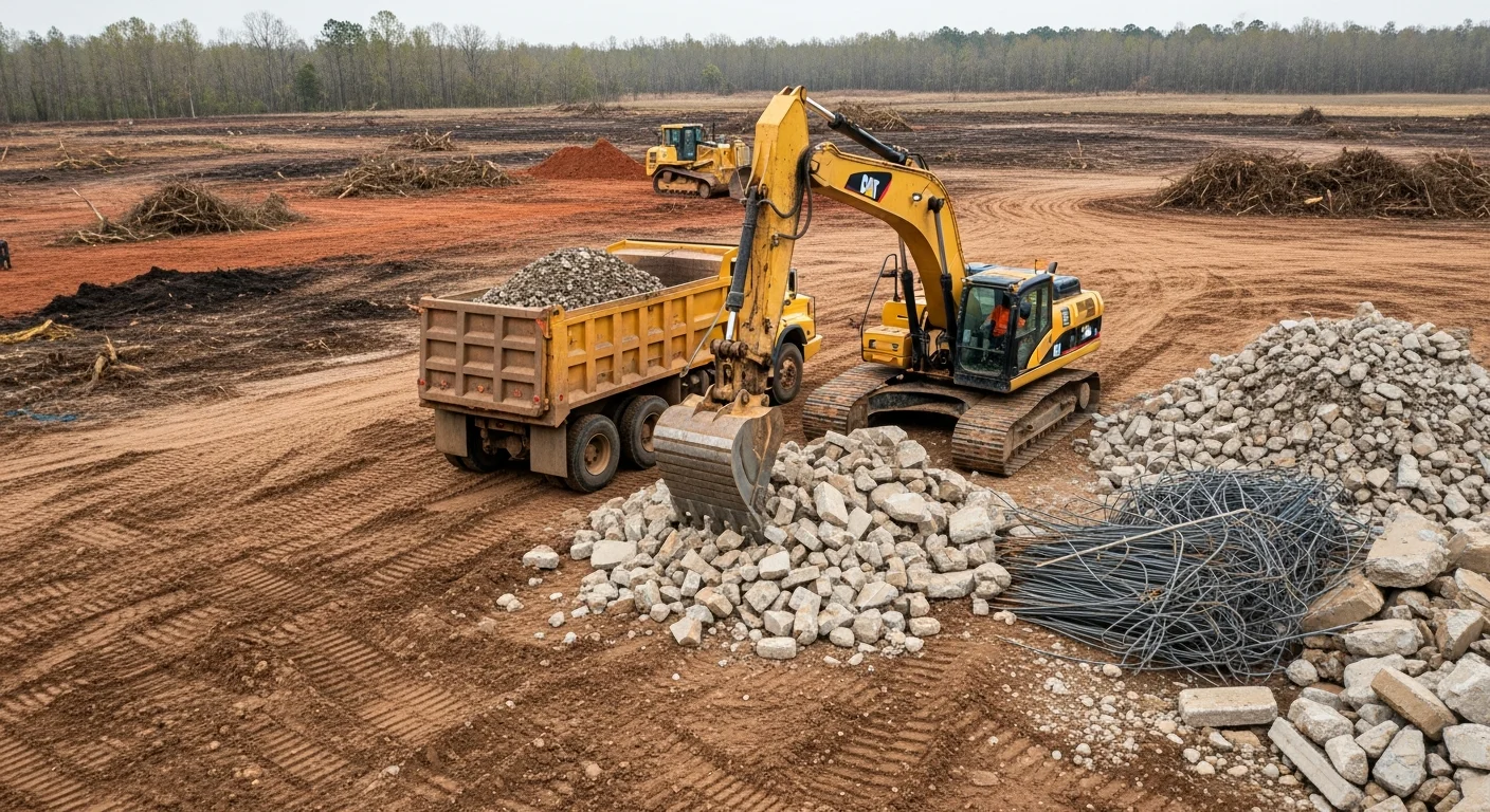 A cleared and rough-graded vacant lot in White Castle, Louisiana, with all vegetation and debris removed, showing level ground ready for construction. Heavy equipment tracks are visible across the prepared soil surface.